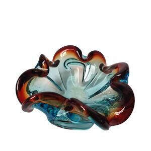 Vintage Murano Style Ashtray MCM Blown Glass Bowl Blue Red Dish Retro